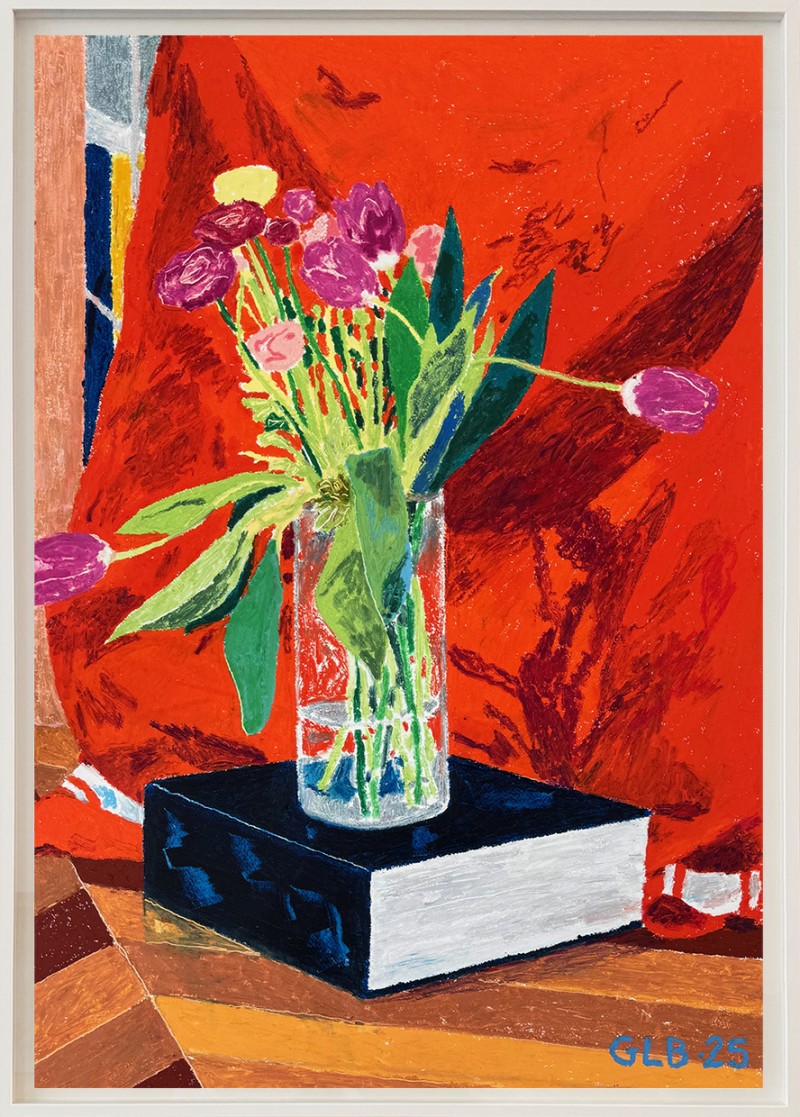 Gwendal Le Bec - TULIPES, RENONCULES, LIVRE NOIR ; Oil pastel on paper - 75 X 115 Cm - 2025