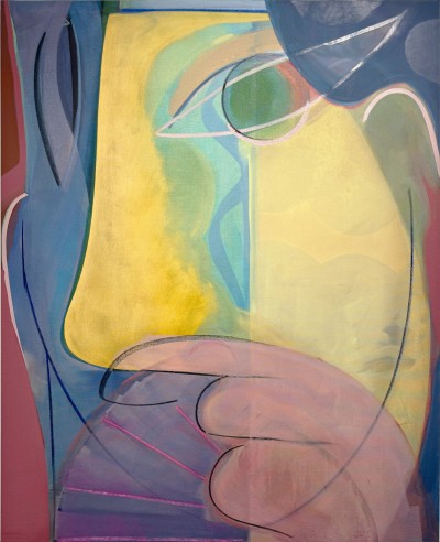 Aurélie Gravas - YELLOW FACE WITH A PINK HAND ; Oil and pigments on canvas - 140 x 115 Cm - 2023