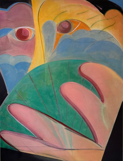 Aurélie Gravas - A FACE AS A LANDSCAPE AND A FAN - Oil & Pigment on canvas - 210 x 160 cm - 2024