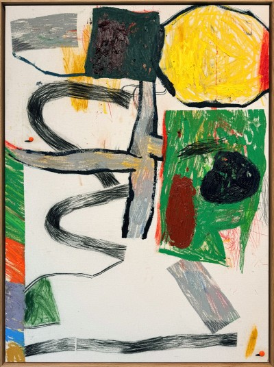 Sune Christiansen - POSSIBLE OUTCOME 1 ; Charcoal, pencil, colored pencil, dry pastel, oil stick, acrylic paint and oil paint on raw cotton canvas - 110 x 80 cm - 2025